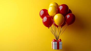 A bunch of balloons are floating above a white box with a red bow. The balloons are red and yellow, and they are scattered all over the box. Concept of celebration and joy photo