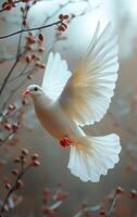 A white dove is flying through a tree with red berries. Concept of freedom and peace, as the bird soars through the air with ease. The red berries add a touch of color photo