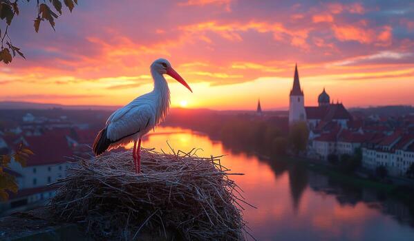 A white bird is perched on a nest in front of a beautiful sunset. The bird is looking out over the water, taking in the view. The scene is peaceful and serene, with the bird photo