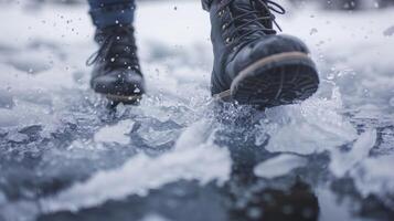 A closeup of a persons feet breaking through the frozen layer of the lake the icy water splashing up around them photo