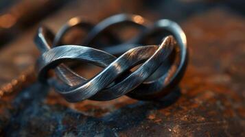 The unique pattern of a handformed wire ring is captured in the closeup with every twist and bend creating a oneofakind piece photo