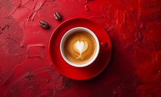 A red coffee cup with a heart design on it sits on a red background. The cup is filled with coffee and has a few coffee beans on top. Concept of warmth and comfort, as the coffee cup. photo