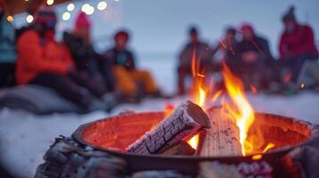 A group of people gathered around a bonfire warming up after completing their daily ice bath challenge together photo