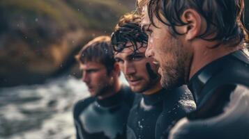 A group of surfers share knowing looks as they struggle to peel off their wetsuits after a particularly cold surf session photo