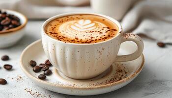 A white coffee cup with a leaf design on it sits on a white plate. The cup is filled with coffee and has a sprinkle of brown sugar on top. Concept of warmth and comfort. photo