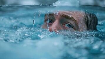 The words Its not about the destination its about the journey written next to a person in an ice bath showcasing their determination and focus photo