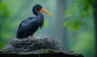 A black bird is sitting on a nest. The bird is looking to the left. The nest is made of twigs and leaves. photo