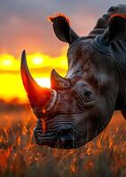 A rhino is standing in a field, eating grass. The sun is setting in the background, casting a warm glow over the scene. The rhino's horn is prominently visible. photo