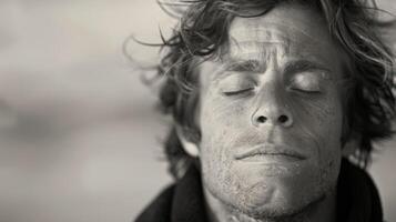 A surfer meditates on the beach his closed eyes and serene expression evidence of his mental and physical recovery from a day of cold water surfing photo