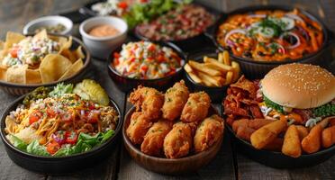 A table full of food including a variety of dishes such as chicken wings, fries, and a burger. photo