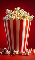 A red and white popcorn bucket with a lot of popcorn in it. The image has a fun and playful mood, as it is a simple yet creative way to display popcorn. photo