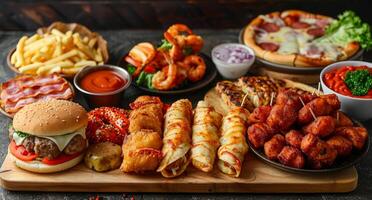 A table full of food including hamburgers, fries, pizza, and shrimp. The table is set up for a party or gathering. photo
