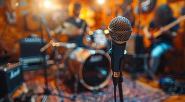A microphone is in front of a drum set and a guitar. The microphone is pointed at the camera. photo