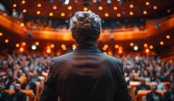A man stands in front of a crowd of people in a theater. He is giving a speech or presentation. The audience is attentive and engaged, listening to the speaker. The atmosphere is serious and focused. photo