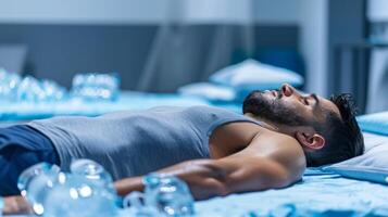 An athlete lying on a bed with multiple ice packs on their body a common form of cryotherapy for reducing inflammation photo