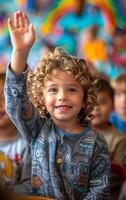 A young boy with curly hair is raising his hand in the air. He is smiling and he is happy. The image captures a moment of joy and excitement, possibly during a school event or a celebration. photo
