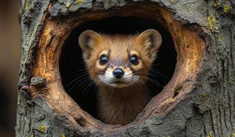 A small animal is peeking out of a hole in a tree trunk. The animal appears to be a squirrel, and it is looking up at the camera. The scene is peaceful and quiet. photo