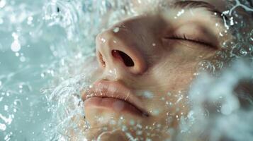 A closeup of a persons face as they take a deep breath in their skin tightening from the sensation of the cold water on their body photo