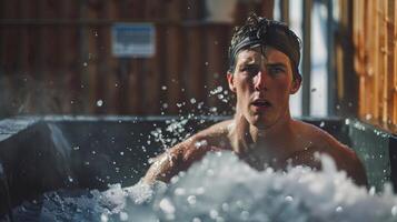 9. A sweaty person exiting an ice bath proving their mental fortitude and resilience to push through discomfort photo