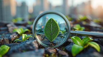 A close up of a leaf with a city in the background. The city is a mix of buildings and trees, giving the impression of a bustling urban environment. photo