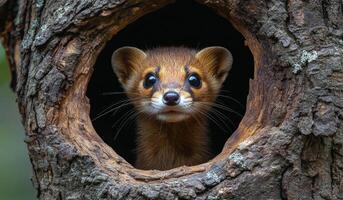 A small animal with a long snout is peeking out of a hole in a tree trunk. The animal appears to be a raccoon, and it is looking directly at the camera. photo