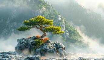 A small tree is growing on a rock in the mountains. The tree is surrounded by fog and the mountains in the background. The scene is peaceful and serene, with the tree standing out as a symbol of life. photo