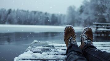 A person sitting on a dock gazing out at the winter wonderland while their feet dangle in the freezing lake photo