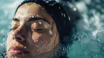 A determined female athlete sits with her eyes closed soaking in the icy water after a long workout photo