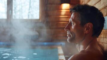 A man sits in a sauna sweating profusely as he prepares for a dip in the cold plunge pool next to it photo