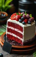 A slice of red velvet cake with strawberries and blueberries on top. The cake is cut in half and has a black label on it. photo