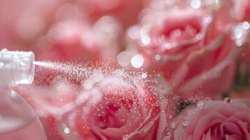 A spray bottle releasing a fine mist of rose water revealing its refreshing and rejuvenating qualities while also giving a glimpse of the natural rose petals used in the product photo