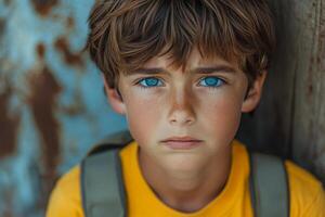 A young boy with blue eyes and a yellow shirt. He has a backpack on his back. The boy is looking at the camera with a serious expression. photo