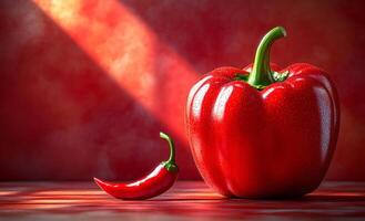 A red pepper sits on a table next to a smaller pepper. The image has a warm, inviting mood, with the bright red peppers adding a pop of color to the scene. photo
