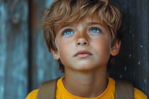 A young boy with blue eyes and a tan complexion stands with his back to the camera. He is wearing a yellow shirt and a backpack. photo
