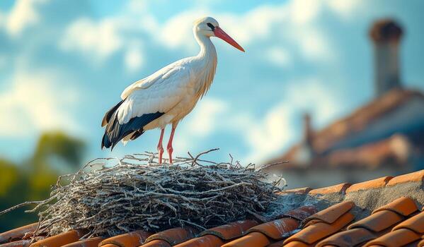 A white bird is perched on a nest on a roof. The bird is looking up at something in the sky. The image has a peaceful and serene mood, as the bird is calmly resting on the nest. photo