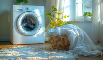 A white washing machine sits in front of a window with a basket of white towels next to it. photo