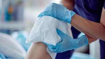 A doctor applying a cold compress to a patients knee to alleviate discomfort and improve joint mobility photo