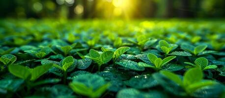A lush green field with many plants and a few drops of water on them. The field is full of green plants and the sun is shining brightly on them. photo