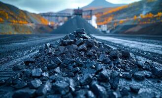 A pile of coal is on the ground. The coal is black and the pile is large. The coal is piled up in a way that it looks like a mountain. photo