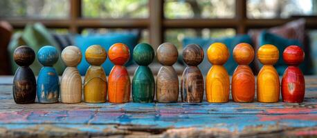 A row of wooden figurines of people in various colors. The figurines are arranged in a line, with some standing closer together and others further apart. Concept of unity and diversity. photo