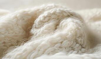 A white knitted blanket with a fuzzy texture. The blanket is made of wool and has a soft, cozy feel. The yarn is knitted in a way that creates a bumpy, textured surface, which adds to the warmth. photo