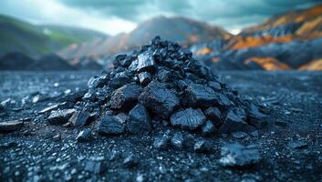 A pile of coal is on the ground in front of a mountain. The coal is black and the mountain is in the background. photo