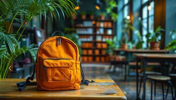 A bright orange backpack sits on a wooden table in a room with potted plants and chairs. The scene gives off a warm and inviting atmosphere, suggesting a comfortable and welcoming environment. photo