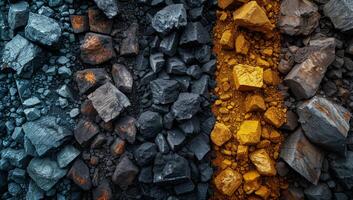 A pile of rocks with a yellow line in the middle. The rocks are of different sizes and colors, with some being black and others being yellow. The yellow line separates the rocks. photo