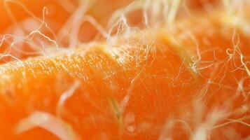 A closeup of a freshly picked carrot its orange exterior revealing a delicate web of tiny s and fibers photo