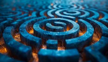 A blue maze with a large circle in the middle. The circle is surrounded by smaller circles. The maze is made of stone and has a dark blue color. photo
