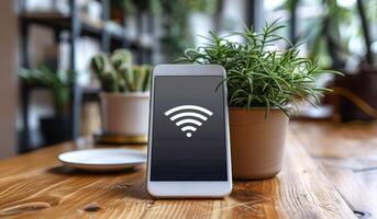 A phone is on a table with a plant next to it. The phone has a wifi symbol on it. photo