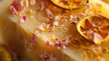 A macro photo of a rustic soap bar showcasing the rough uneven surface molded by hand. The soap features an abstract design made of crushed rose petals and dried orange peel givin
