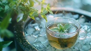 A hot cup of herbal tea next to an ice bath creating a relaxing atmosphere for an aromatherapy experience photo