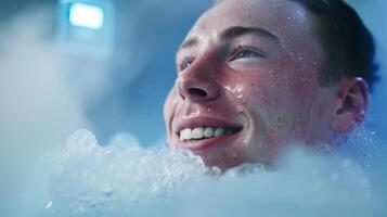A closeup of an athletes face showing a grin of relief as they exit the cryotherapy machine feeling rejuvenated and ready for the next competition photo